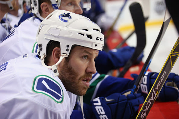 NEW YORK, NY - JANUARY 17: Brandon Prust #9 of the Vancouver Canucks prepares to skate against the New York Islanders at the Barclays Center on January 17, 2016 in the Brooklyn borough of New York City. The Canucks defeated the Islanders 2-1 in the shootout. (Photo by Bruce Bennett/Getty Images)