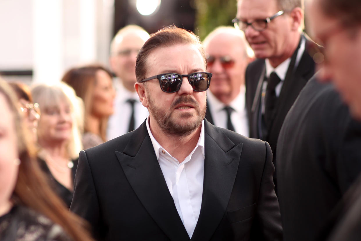 BEVERLY HILLS, CALIFORNIA - JANUARY 05: 77th ANNUAL GOLDEN GLOBE AWARDS -- Pictured: (l-r) Ricky Gervais arrives to the 77th Annual Golden Globe Awards held at the Beverly Hilton Hotel on January 5, 2020. -- (Photo by Christopher Polk/NBC/NBCU Photo Bank via Getty Images)