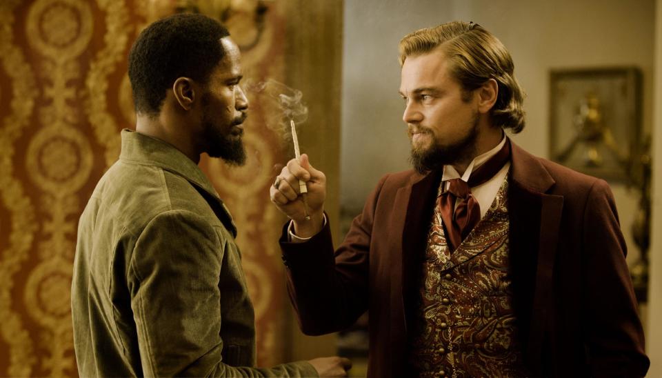 In this undated publicity photo released by The Weinstein Company, from left, Jamie Foxx as Django and Leonardo DiCaprio as Calvin Candle star in the film, "Django Unchained," directed by Quentin Tarantino. (AP Photo/The Weinstein Company, Andrew Cooper, SMPSP, File)