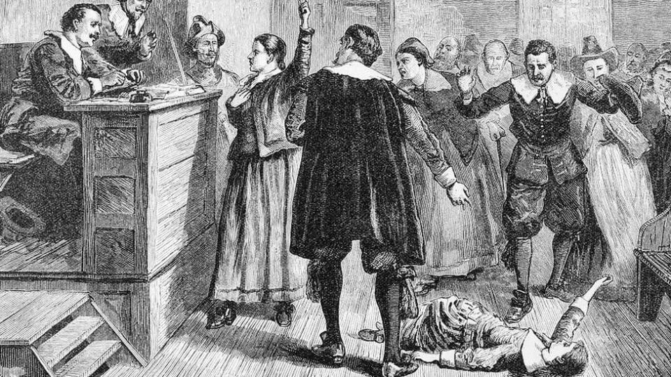 Ilustración de una niña en un juicio de brujería en Salem