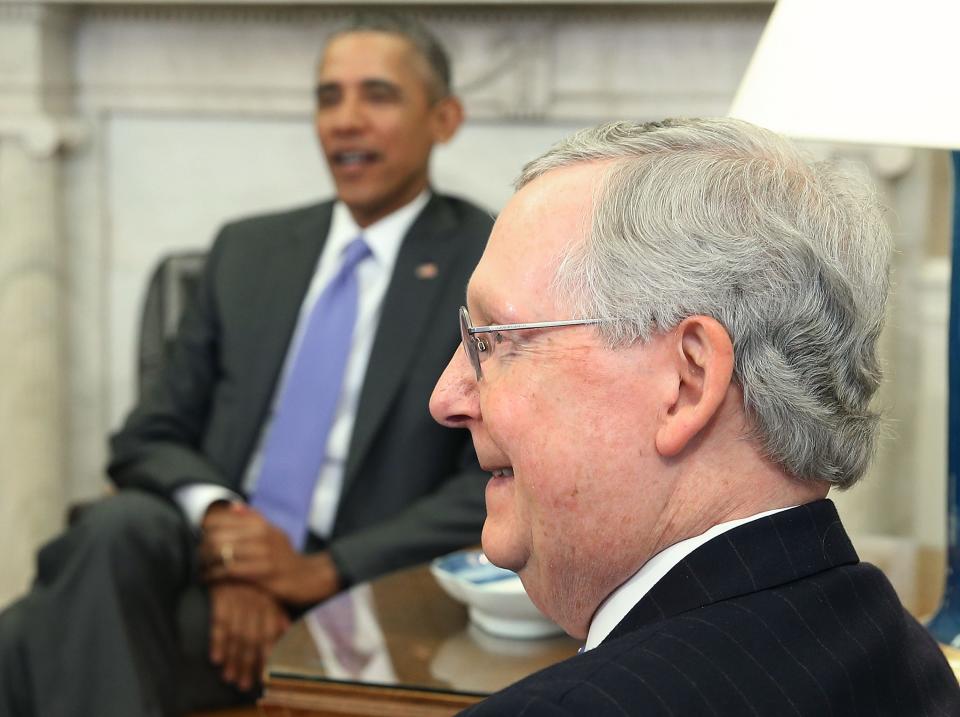 President Obama and Senate Majority Leader Mitch McConnell, R-Ky.,  in the Oval Office at the White House, February 1, 2016 in Washington, DC.  (Photo by Mark Wilson/Getty Images) ORG XMIT: 607792223 ORIG FILE ID: 513191888