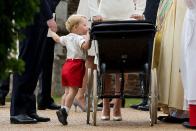 <p>George was photographed peeping into the pram containing his little sister on her <a href="https://www.elle.com/uk/life-and-culture/news/a26292/everything-we-know-about-princess-charlottes-christening/" rel="nofollow noopener" target="_blank" data-ylk="slk:Christening Day in July 2015.;elm:context_link;itc:0;sec:content-canvas" class="link ">Christening Day in July 2015.</a></p>