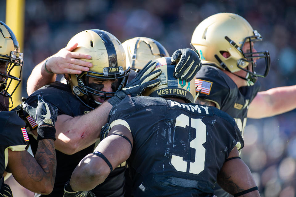 WEST POINT, NY - NOVEMBER 09: Army West Point players celebrates a touchdown during the game between the Army West Point Black Knights against University of Massachusetts Minutemen on November 9, 2019 at Michie Sadium in West Point, New York. (Photo by Nicole Fridling/Icon Sportswire via Getty Images)