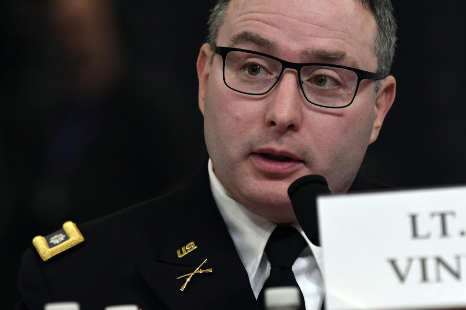 National Security Council aide Lt. Col. Alexander Vindman testifies before the House Intelligence Committee on Capitol Hill in Washington, Tuesday, Nov. 19, 2019, during a public impeachment hearing of President Donald Trump's efforts to tie U.S. aid for Ukraine to investigations of his political opponents. (AP Photo/Susan Walsh)