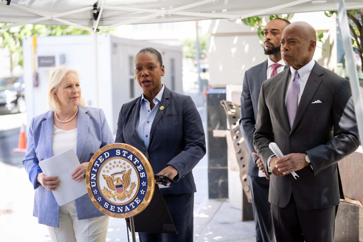 U.S. Senator Kirsten Gillibrand, D-N.Y. (left), NYPD Commissioner Keechant Sewell (center), and New York City Mayor Eric Adams (right) for a public safety-related announcement in Brooklyn, New York on Wednesday, June 29, 2022. 