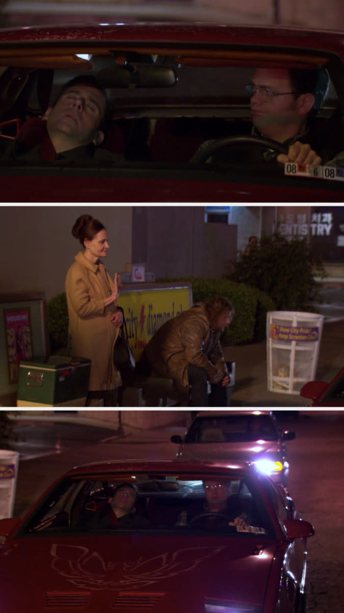 Dwight stops at a stoplight next to his babysitter/date standing at a bus stop, and he doesn't pick her up