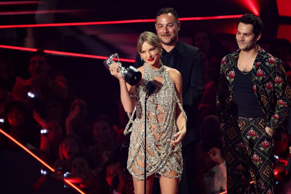 Taylor Swift accepts the Video of the Year award for "All Too Well" (10-minute Taylor's Version) onstage at the 2022 MTV VMAs at Prudential Center on August 28, 2022 in Newark, New Jersey