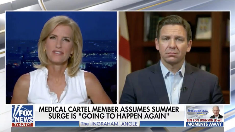 The anchor Laura Ingraham and Gov. Ron DeSantis on Fox News.