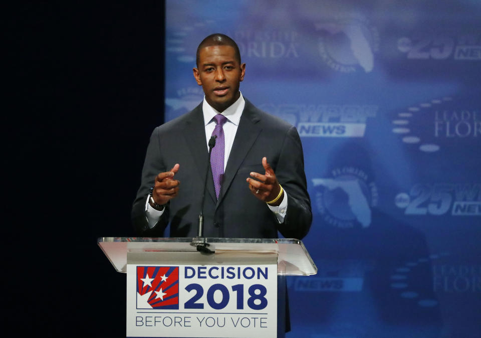 Florida Democratic gubernatorial candidate Andrew Gillum gestures as he debates Republican Ron DeSantis, Wednesday, Oct. 24, 2018, at Broward College in Davie, Fla. (AP Photo/Wilfredo Lee, Pool)