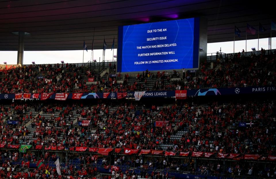 Hundreds of seats in the Liverpool end were still empty when kick-off was delayed for 15 minutes (Peter Byrne/PA) (PA Wire)