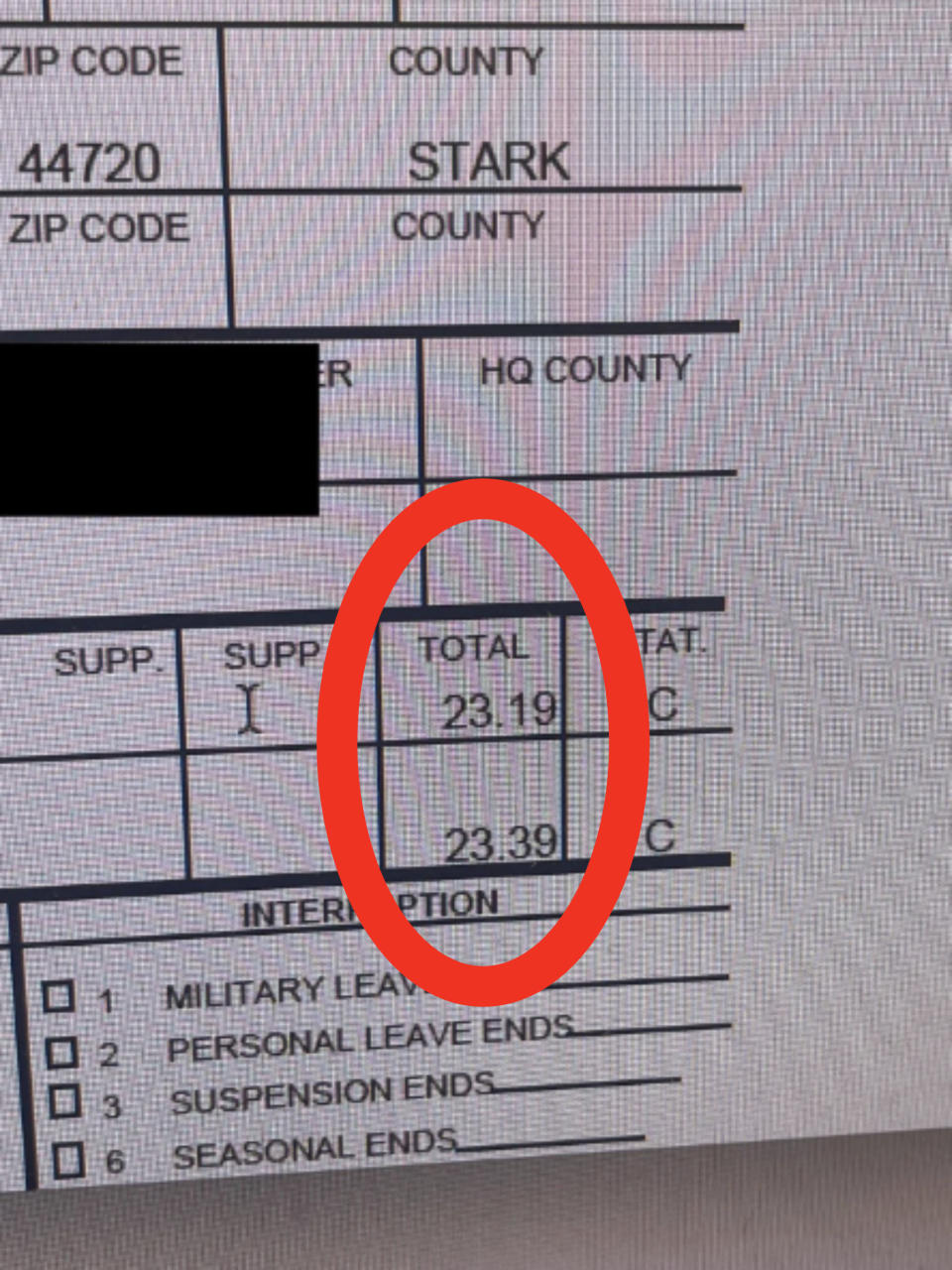 Part of a form showing numerical entries for support levels and a checked 'C' under 'Interruption', with various leave types listed below