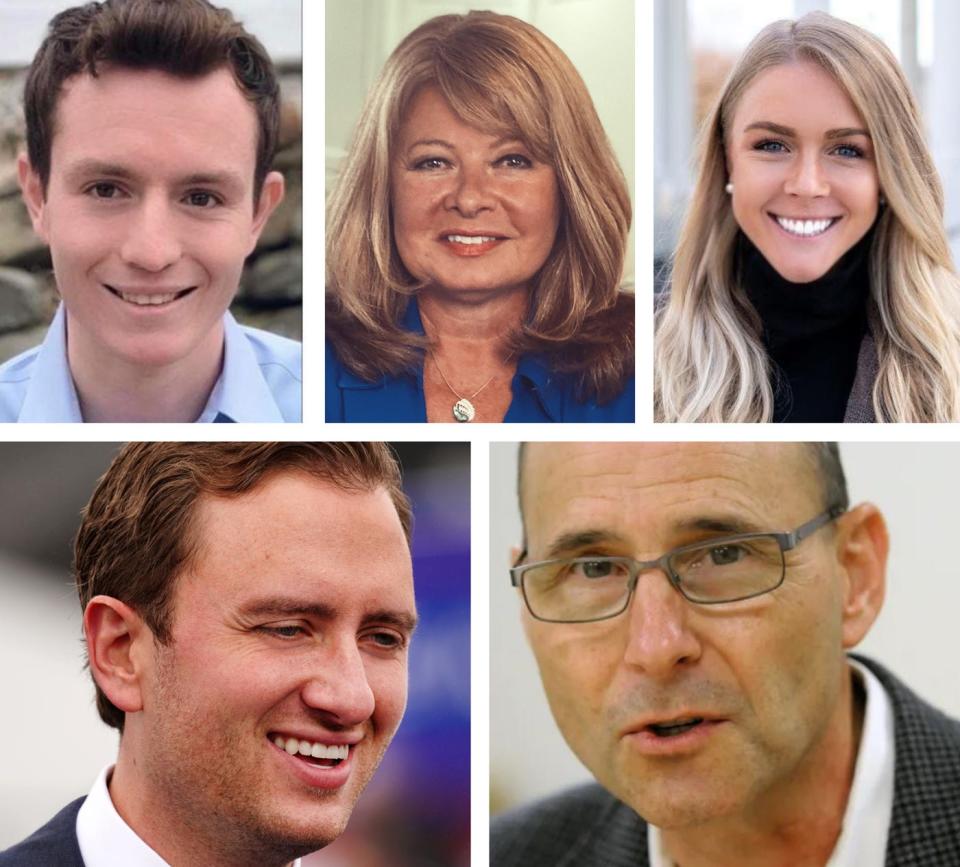 Leading candidates for New Hampshire's 1st Congressional District include, clockwise from top left, Tim Baxter, Gail Huff Brown, Karoline Leavitt, Russell Prescott and Matt Mowers.