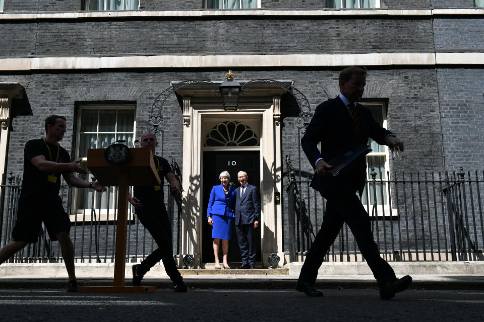 Outgoing Prime Minister Theresa May and her husband Philip, outside 10 Downing Street, London, before a meeting at Buckingham Palace where she will hand in her resignation to Queen Elizabeth II.