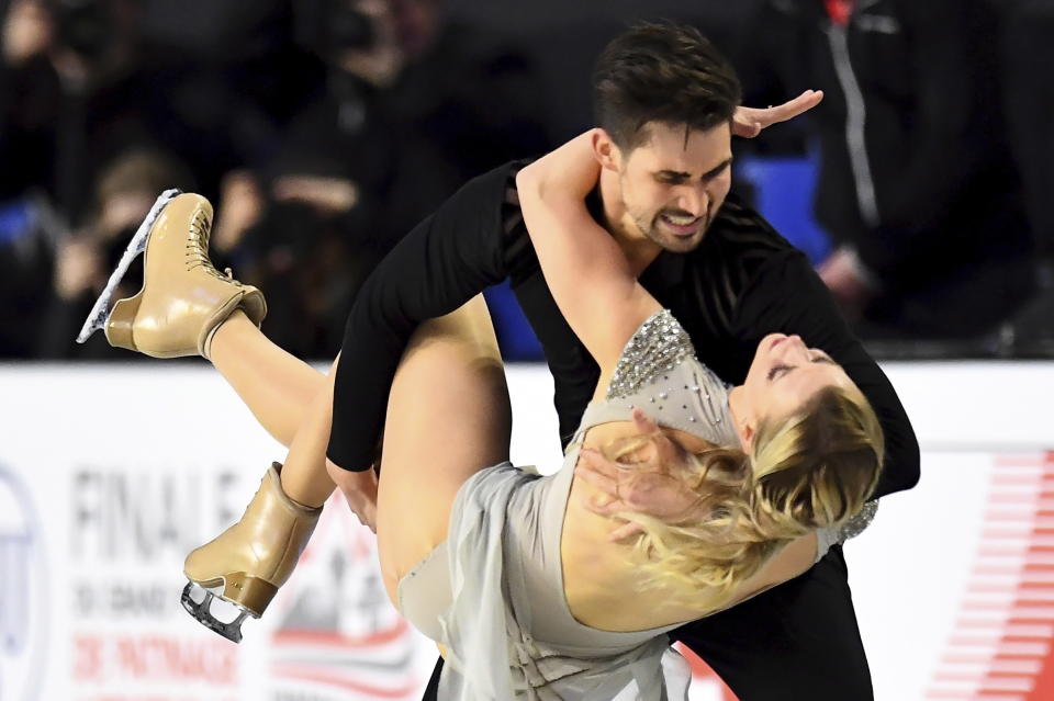 Madison Hubbell and Zachary Donohue, of the United States, perform their ice dance free dance at figure skating's Grand Prix Final in Vancouver, British Columbia, Saturday, Dec. 8, 2018. (Jonathan Hayward/The Canadian Press via AP)