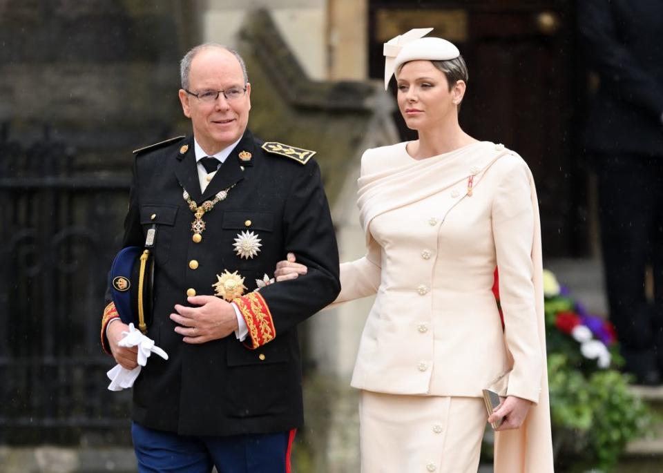 Albert II, Prince of Monaco and Charlene, Princess of Monaco arrive at Westminster Abbey for the Coronation of King Charles III and Queen Camilla 