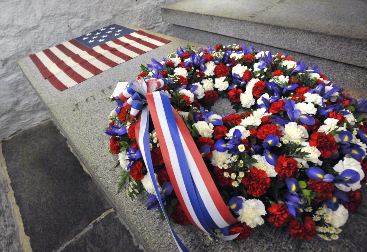 The presidential wreath lies on the crypt of President John Adams in honor of his 285th birthday during a ceremony at the United First Parish Church in Quincy in 2020.