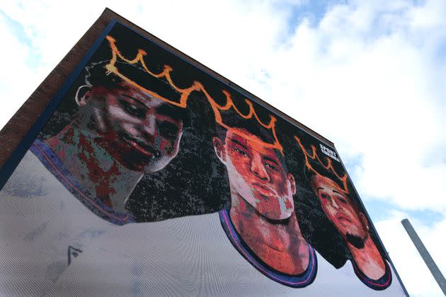 A new mural at Trafford Park, Manchester, in support of Bukayo Saka, Marcus Rashford and Jadon Sancho. (Photo: Charlotte Tattersall via Getty Images)