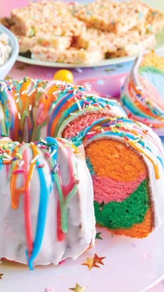 The Rainbow Marble Unicorn Cake in the “Chuck E. Cheese and Friends Party Cookbook.”