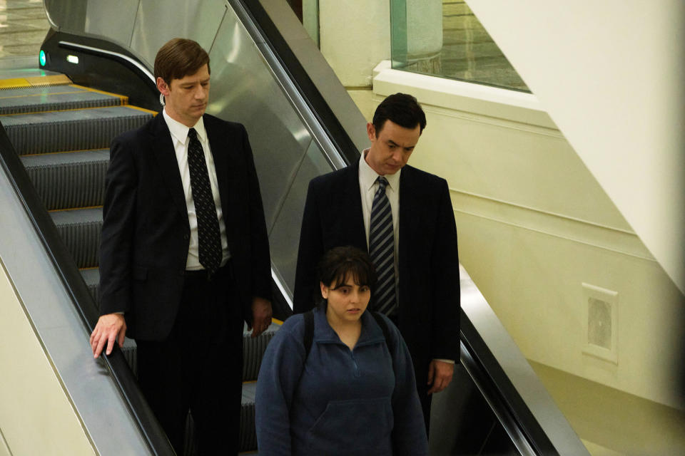 Programme Name: Impeachment: American Crime Story - TX: 23/11/2021 - Episode: Impeachment: American Crime Story - ep6 (No. 6) - Picture Shows: (l-r) Agent Fallon (BRIAN MAILLARD), Mike Emmick (COLIN HANKS), Monica Lewinsky (BEANIE FELDSTEIN) - (C) Tina Thorpe/FX - Photographer: Tina Thorpe