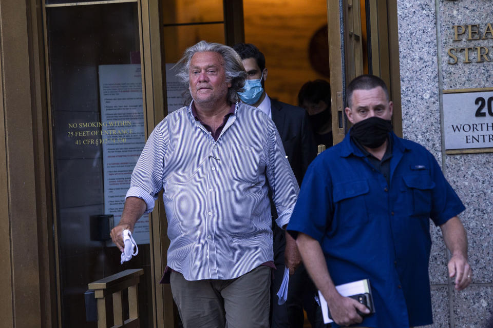 President Donald Trump's former chief strategist Steve Bannon exits court after pleading not guilty to charges that he ripped off donors to an online fundraising scheme to build a southern border wall, Thursday, Aug. 20, 2020, in New York. (AP Photo/Eduardo Munoz Alvarez)