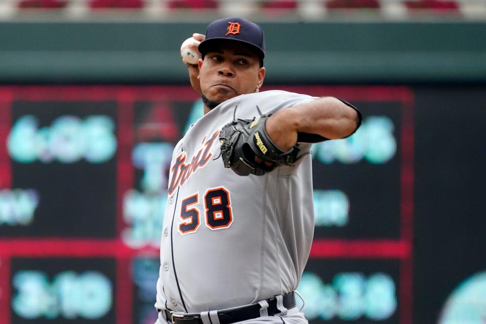 Detroit Tigers pitcher Wily Peralta throws against the Minnesota Twins in the first inning Wednesday, July 28, 2021, in Minneapolis.