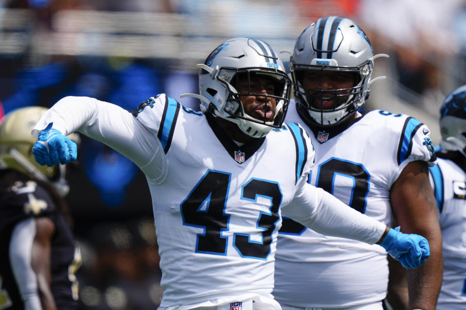 Carolina Panthers outside linebacker Haason Reddick celebrates after sacking New Orleans Saints quarterback Jameis Winston during the first half of an NFL football game Sunday, Sept. 19, 2021, in Charlotte, N.C. (AP Photo/Jacob Kupferman)