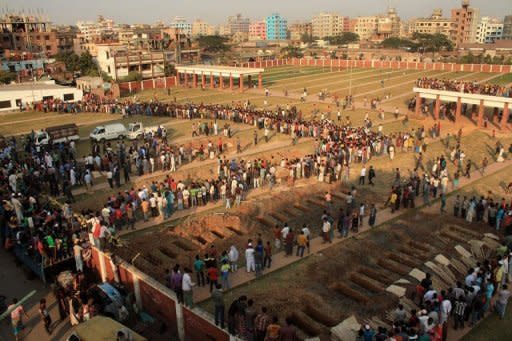 The graveyard where bodies of some of the victims of a deadly fire in a garment factory are due to be buried in Dhaka on November 27, 2012. Bangladesh police fired rubber bullets to disperse thousands of workers who protested for a third day Wednesday over the nation's worst factory blaze which prompted the arrest of three plant managers