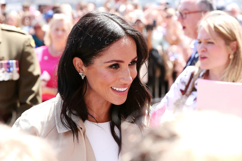 Meghan wore Diana’s earrings during day one of the royal tour. Photo: Getty