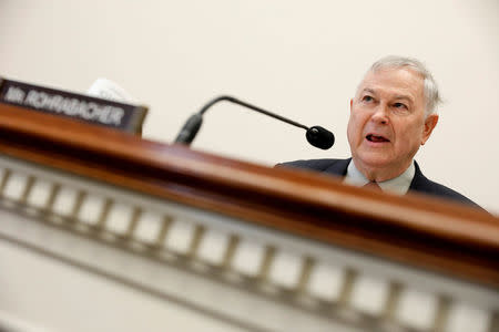 FILE PHOTO: U.S. Rep. Dana Rohrabacher (R-CA) speaks during a House Foreign Affairs Europe, Eurasia and Emerging Threats Subcommittee hearing about the attack on demonstrators by members of Turkish President Recep Tayyip Erdogan's security detail on Capitol Hill in Washington, DC, U.S. on May 25, 2017. REUTERS/Aaron P. Bernstein/File Photo