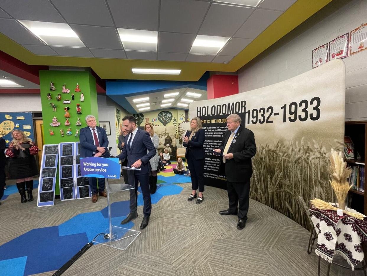 Ontario Education Minister Stephen Lecce said Tuesday the Holodomor famine in Ukraine was an act of genocide and Canadians have a duty to remember it.  (Spencer Gallichan-Lowe/CBC - image credit)