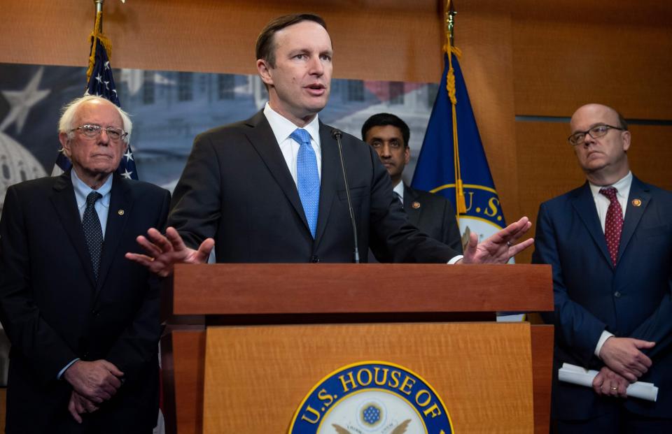 In this file photo taken on April 04, 2019 US Senator Chris Murphy (2nd L), Democrat from Connecticut, speaks alongside US Senator Bernie Sanders (L), an Independent from Vermont, US Representative Ro Khanna (2nd R), Democrat of California, and US Representative Jim McGovern (R), Democrat of Massachusetts, during a press conference following a vote in the US House on ending US military involvement in the war in Yemen, on Capitol Hill in Washington, DC.