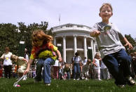 <p>Youthful White House visitors take part in the annual White House Easter Egg Roll on the South Lawn of the White House Monday April 24, 2000. (Photo: Khue Bui/AP) </p>