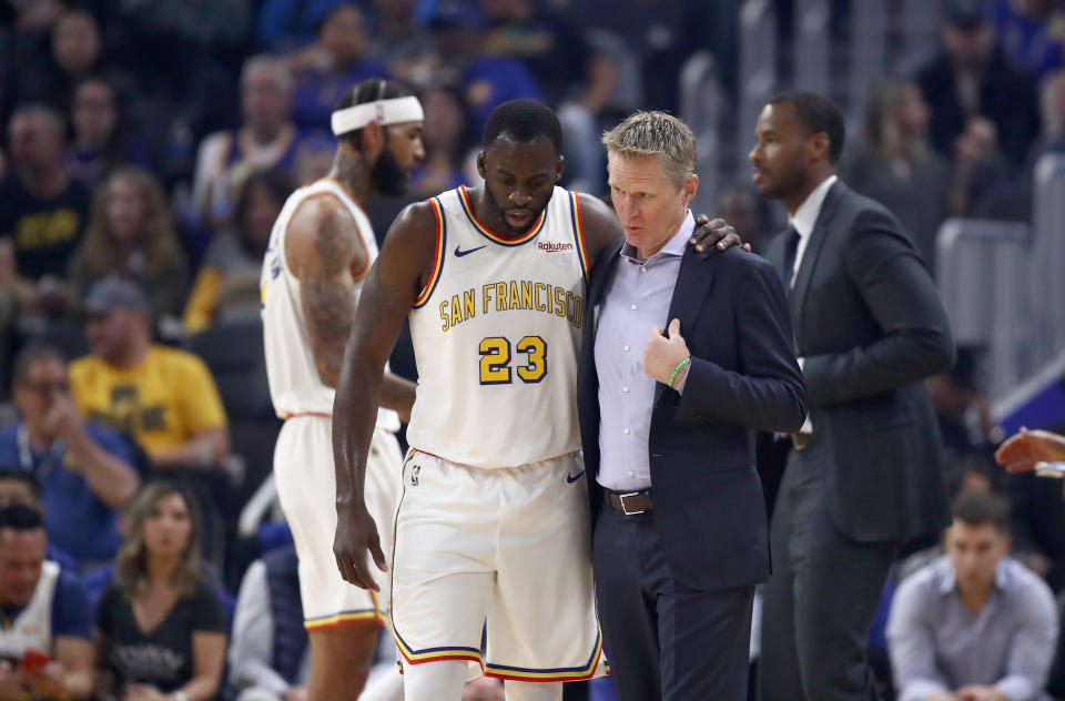 SAN FRANCISCO, CALIFORNIA - NOVEMBER 01:  Draymond Green #23 of the Golden State Warriors talks to head coach Steve Kerr during their game against the San Antonio Spurs at Chase Center on November 01, 2019 in San Francisco, California.  NOTE TO USER: User expressly acknowledges and agrees that, by downloading and or using this photograph, User is consenting to the terms and conditions of the Getty Images License Agreement. (Photo by Ezra Shaw/Getty Images)