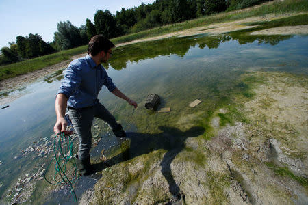 Andreas Stephan of the Karlsruhe University of Education handles a fish trap to catch calico crayfish (Orconectes immunis) in Rheinstetten, Germany, August 9, 2018. The University of Education examines the habitat conditions of the calico crayfish in southwest Germany. REUTERS/Ralph Orlowski