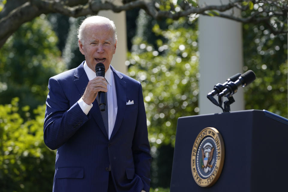 President Joe Biden speaks from the Rose Garden of the White House in Washington, Sept. 27, 2022, during an event on health care costs. Whenever the president travels, a special bullet-resistant lectern called the “blue goose,” or its smaller cousin “the falcon,” is in tow. Lately, Biden is rendering them all but obsolete as he increasingly reaches for a hand-held microphone instead. Those who know him best say the mic swap makes Biden a much more natural speaker. (AP Photo/Susan Walsh, File)