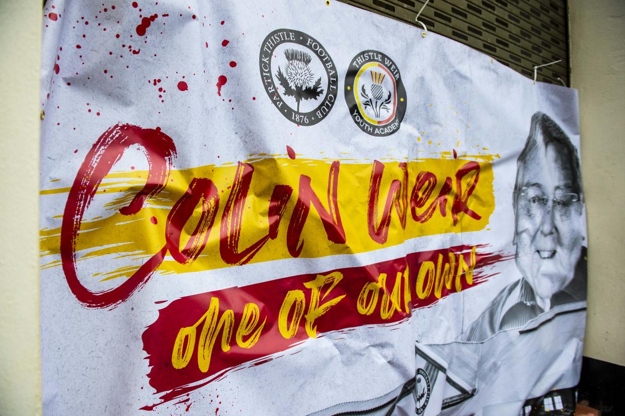 GLASGOW, SCOTLAND - JANUARY 14: Supporters leave a tribute to Partick Thistles majority shareholder Colin Weir at The Energy Check Stadium at Firhill on January 14, 2020, in Glasgow, Scotland. (Photo by Ross MacDonald / SNS Group via Getty Images)