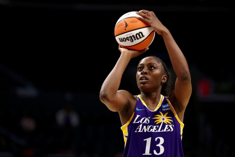 los angeles, california may 25 chiney ogwumike 13 of the los angeles sparks shoots a free throw during the fourth quarter against the las vegas aces at cryptocom arena on may 25, 2023 in los angeles, california note to user user expressly acknowledges and agrees that, by downloading and or using this photograph, user is consenting to the terms and conditions of the getty images license agreement photo by katelyn mulcahygetty images
