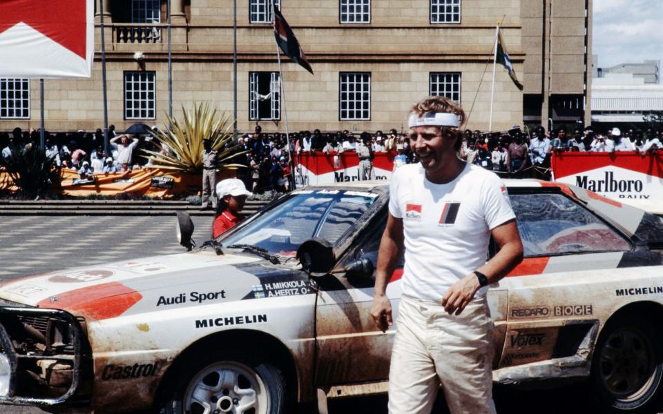 Hannu Mikkola after taking second place in the 1983 Marlboro Safari Rallye in Nairobi