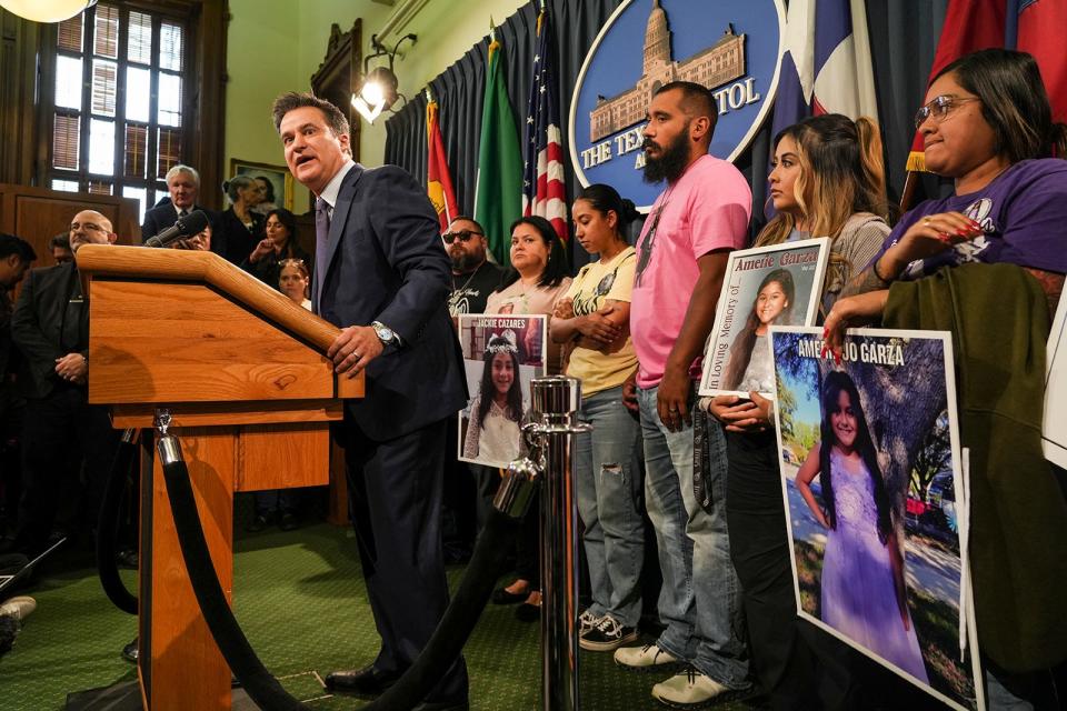 Texas State Sen. Roland Gutierrez leads a press conference alongside relatives of Uvalde victims as they call for gun reform on May 8.