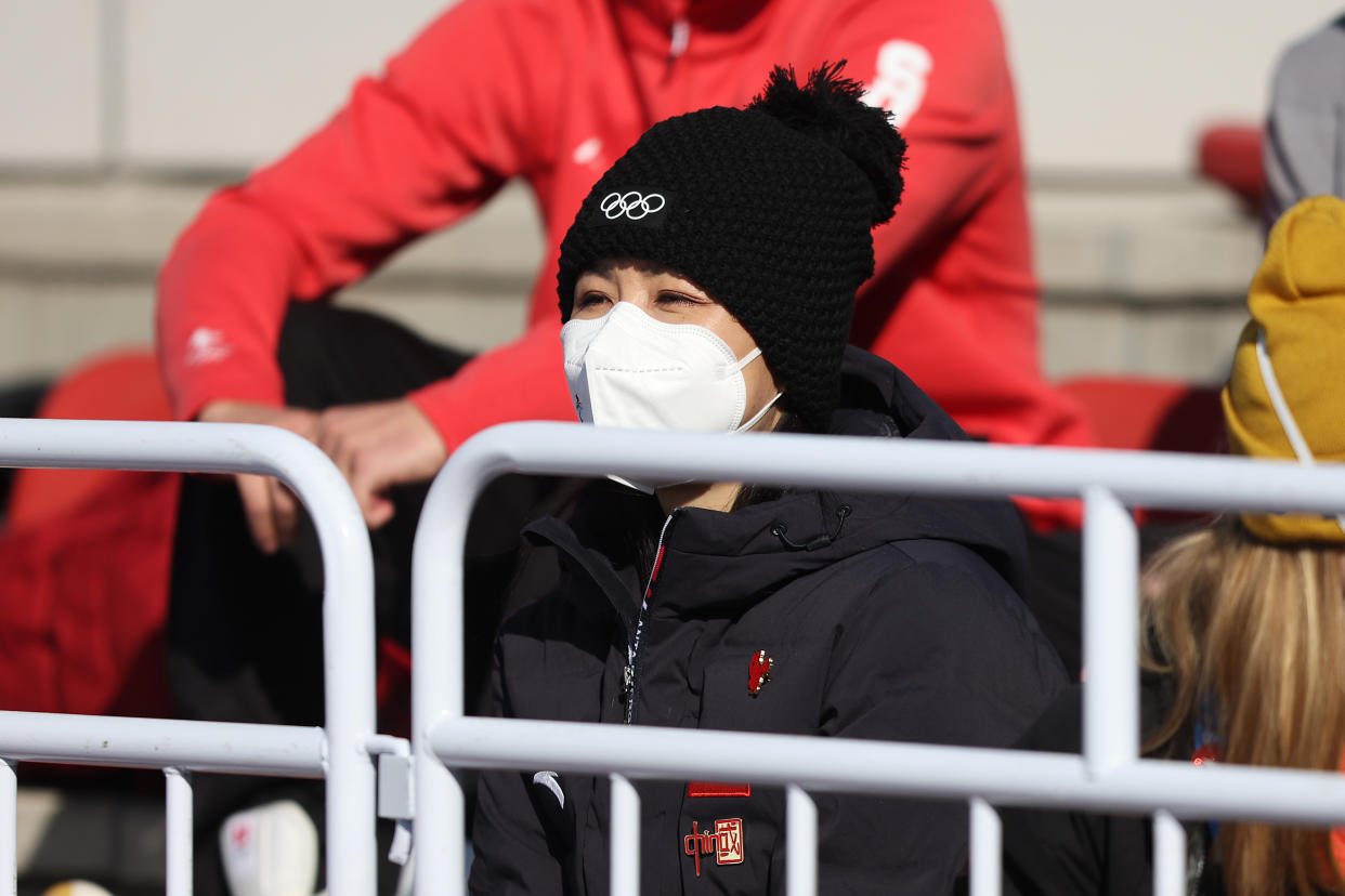 Chinese tennis player Peng Shuai looks on during the women's freeski big air final at Big Air Shougang on February 08, 2022 in Beijing, China. (Richard Heathcote/Getty Images)