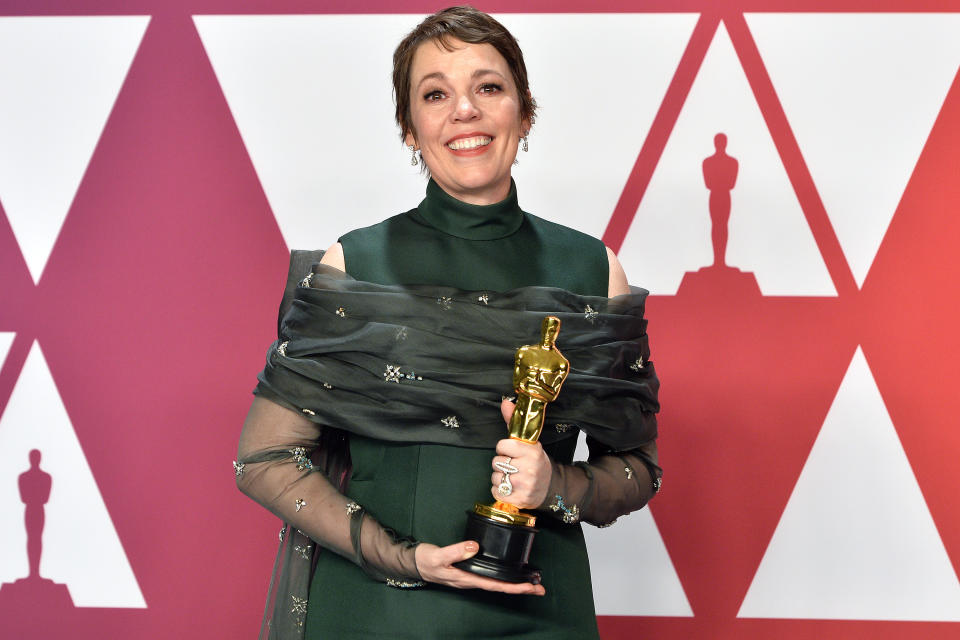 Olivia Colman, winner of Best Actress for 'The Favourite,' poses in the Press Room at the 91st Academy Awards Oscars Ceremony held at the Dolby Theatre located at the Hollywood & Highland Center in Los Angeles, California on Feb. 24, 2019. (Photo by Anthony Behar/Sipa USA)