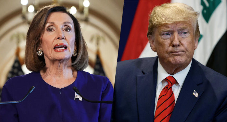 House Speaker Nancy Pelosi of Calif., reads a statement announcing a formal impeachment inquiry into President Donald Trump, left, on Capitol Hill in Washington, Sept. 24, 2019. (Photo: Andrew Harnik/AP, Evan Vucci/AP)