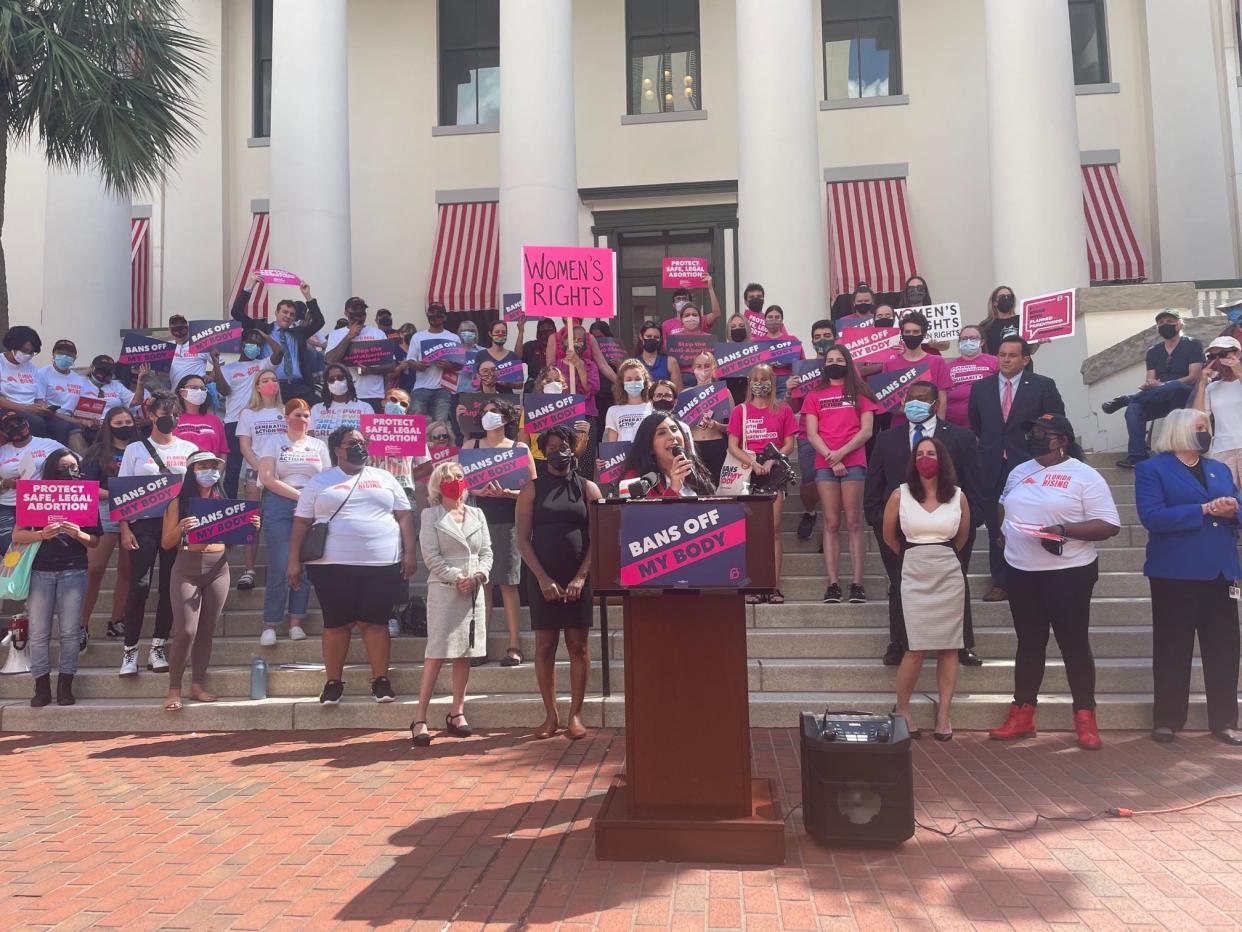 Rep. Anna Eskamani, D-Orlando, leads the crowd in chants of abortion is healthcare, Florida Capitol, September 21, 2021