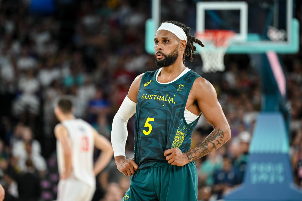 Patty Mills of Australia looks on during the Men's Basketball Quarterfinal match between Serbia and Australia on Day 11 of the Olympic Games Paris 2024 at Bercy Arena on August 6, 2024 in Paris, France. (Photo by Harry Langer/DeFodi Images via Getty Images)