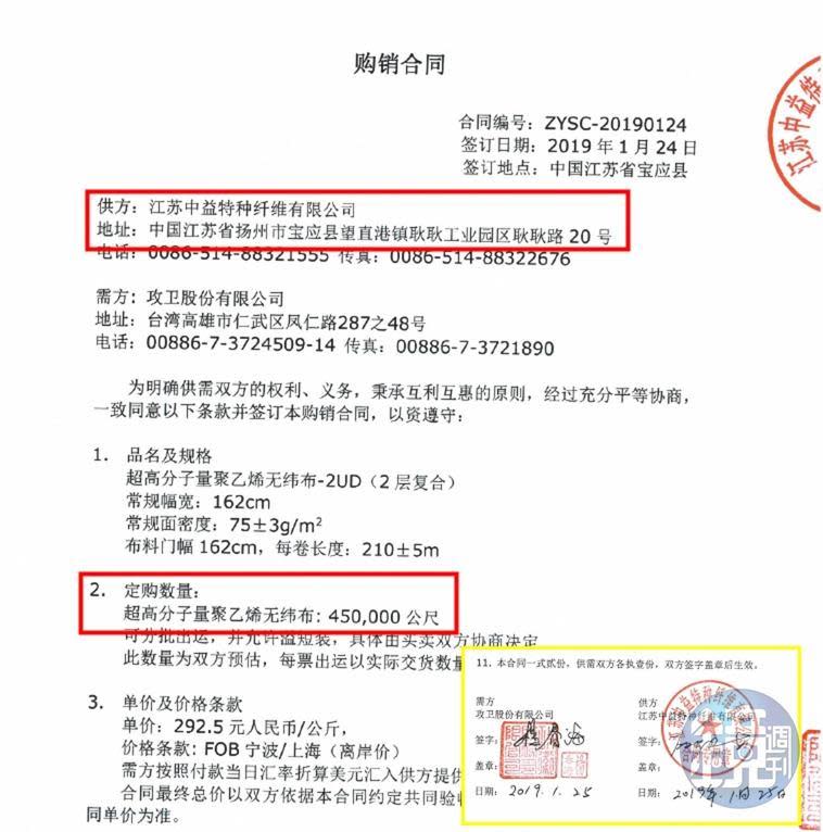 本刊取得攻衛向中國江蘇中益公司採購纖維布的合約，數量正好是軍備局開出的45萬公尺，疑點有待司法查明。（讀者提供）