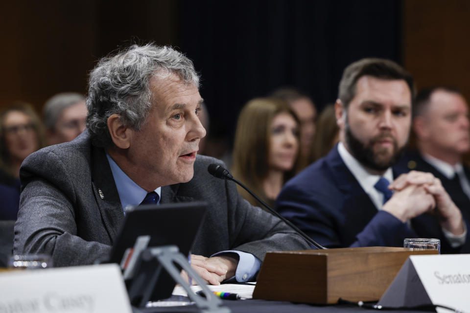 WASHINGTON, DC - MARCH 09: Sen. Sherrod Brown (D-OH) speaks during a hearing with the Senate Environment and Public Works Committee on Capitol Hill on March 09, 2023 in Washington, DC. The committee met to discuss concerns about public health and the environment in the wake of the Norfolk Southern train derailment and chemical release in East Palestine, Ohio. (Photo by Anna Moneymaker/Getty Images)