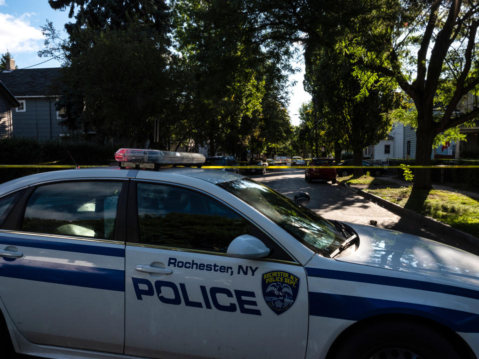 Police tape lines a crime scene after a shooting at a backyard party on September 19, 2020, Rochester, New York. (Joshua Rashaad McFadden/Getty Images)