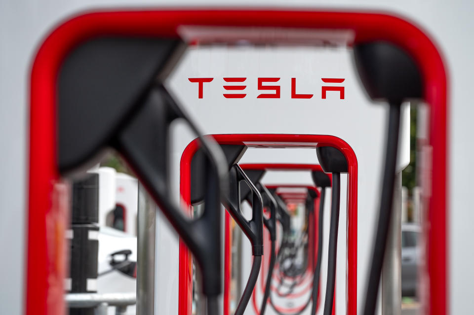EXETER, ENGLAND - SEPTEMBER 23: A general view of the Tesla only Supercharger network at Moto Exeter M5 Motorway Services charging point on September 23, 2023 in Exeter, England. (Photo by John Keeble/Getty Images)