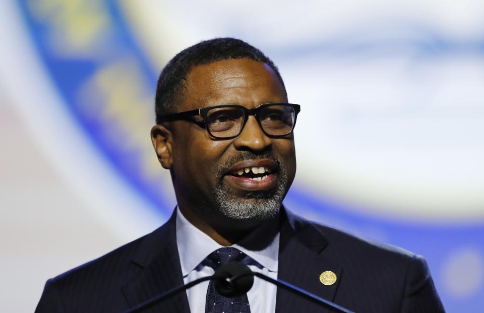 FILE - NAACP President and CEO, Derrick Johnson addresses the 110th NAACP National Convention in Detroit on July 22, 2019. CBS Television and the NAACP have reached an agreement to develop content to further tell stories of the African American experience. The partnership will focus on creating and producing scripted, unscripted and documentary content for the studio’s broadcast, cable and streaming platforms. (AP Photo/Carlos Osorio, File)