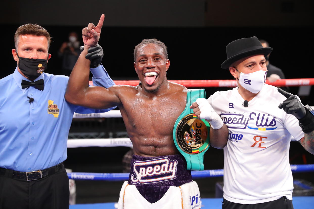 INDIO, CA - OCTOBER 30: Rashidi Ellis celebrates his victory over Alexis Rocha at Fantasy Springs Casino on October 30, 2020 in Indio, California. (Photo By Tom Hogan/Golden Boy/Getty Images)